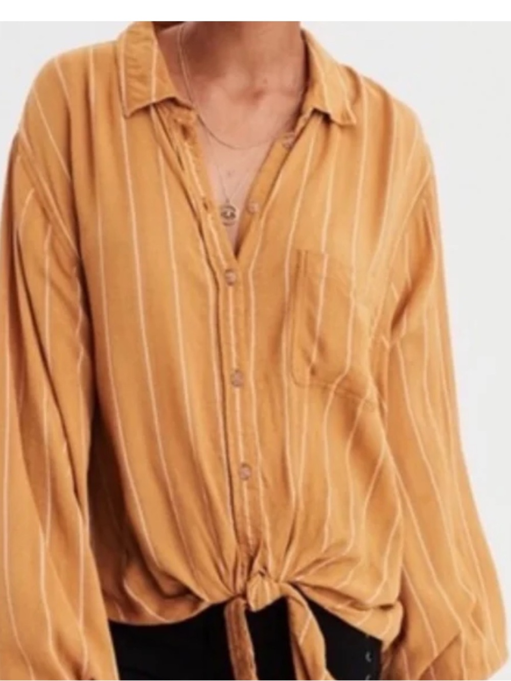 American Eagle Mustard Tie Front Button Down Blouse Size Large